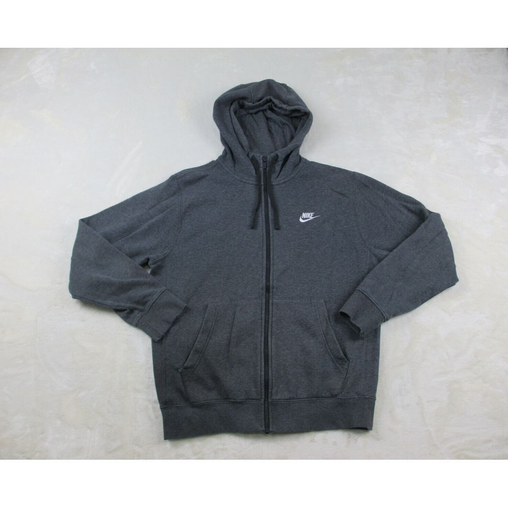 Nike Sweater Mens Small Gray Spell Out Swoosh Full Zip Sportswear Fleece Hooded*